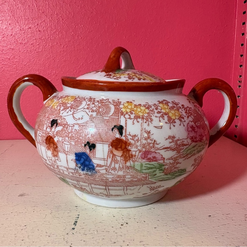 Vintage Geisha Oriental Ceramic Sugar Bowl Red White Design Retro Painted Japan